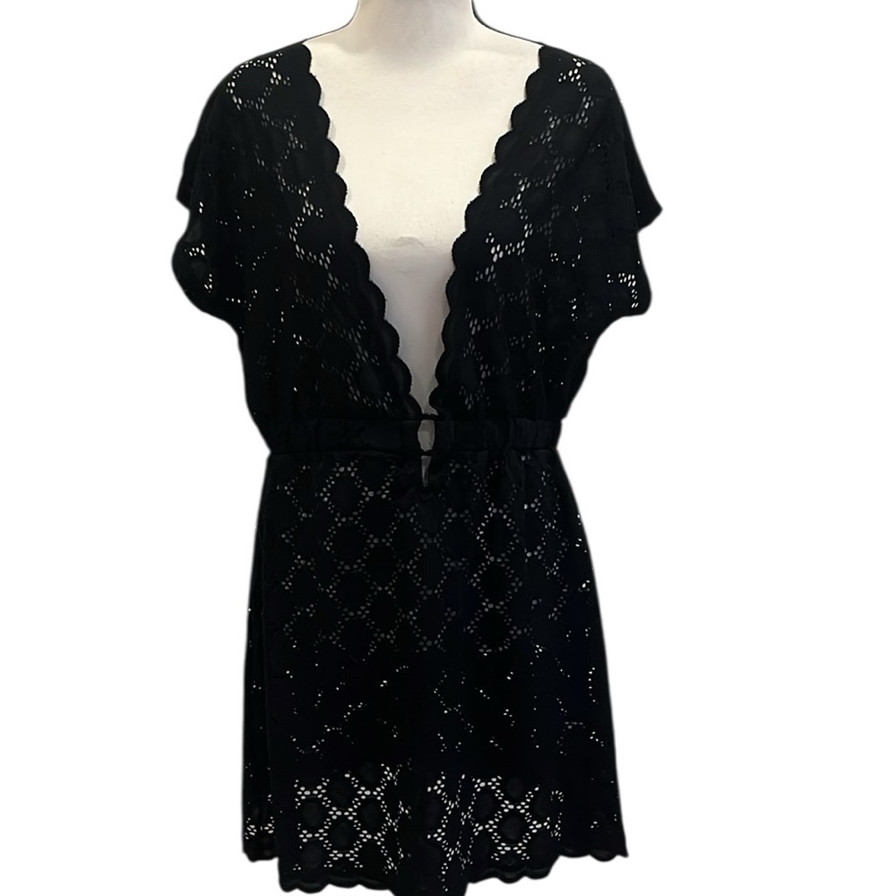 J. Valdi Black Lace Eyelet Bathing Coverup Dress Medium Retro Beach Vacation
